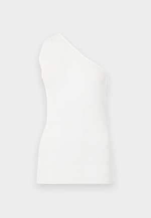 Valge, ribadega tank top ühes õlas. Omab vormitud kujundust ja peent tekstuuri, rõhutades minimalistlikku stiili.