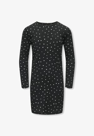 Langærmet kjole i sort stof med riflet tekstur, der har et hvidt prikmønster, rund halsudskæring og tætsiddende silhuet.