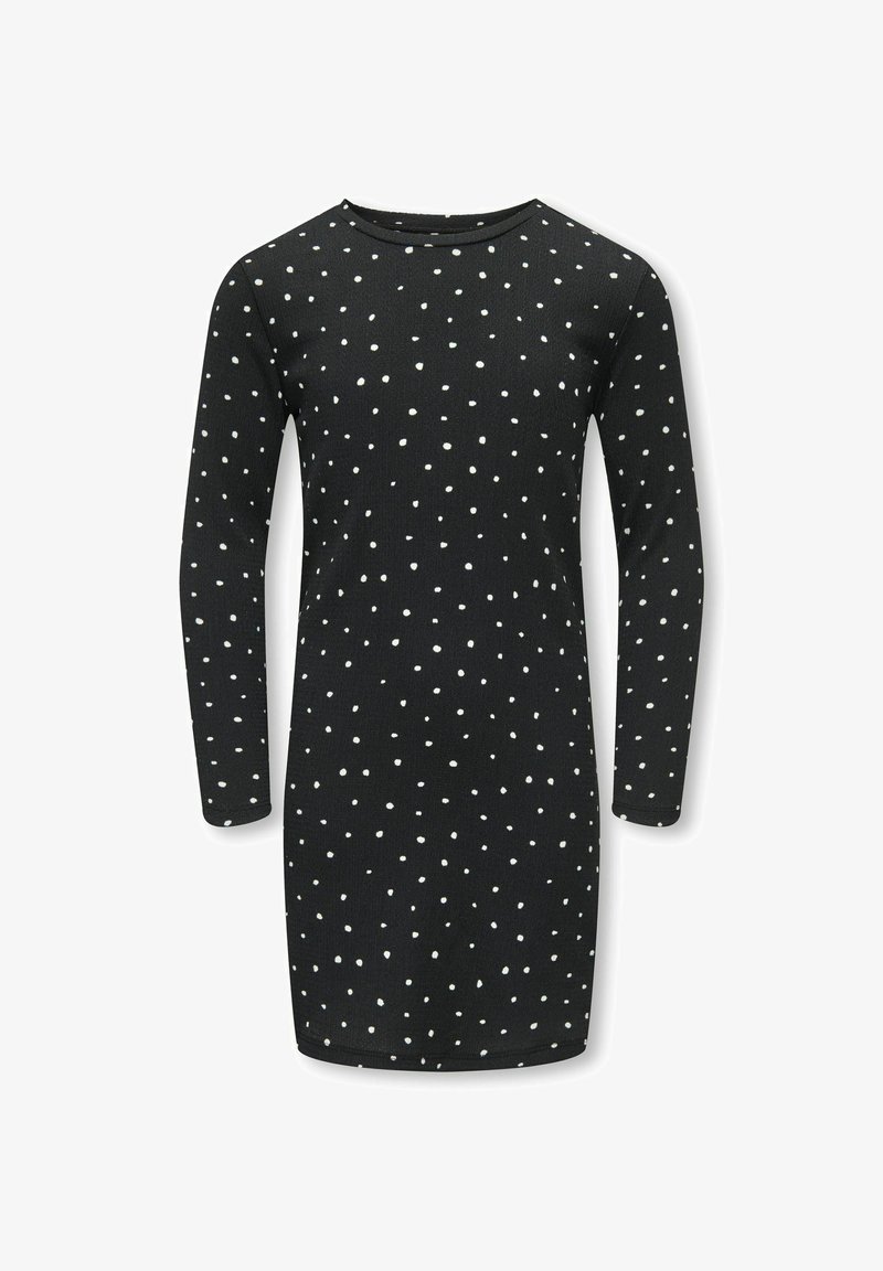 Μακριμάνικο φόρεμα σε μαύρο ύφασμα με ραβδωτή υφή, που διαθέτει λευκή καρώ σχέδιο, στρογγυλή λαιμόκοψη και εφαρμοστή σιλουέτα.