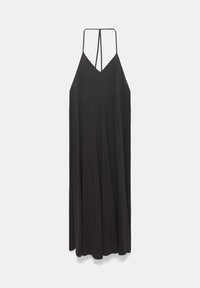 Robe longue noire sans manches avec fines bretelles doubles et encolure en V, présentée sur un fond blanc uni.
