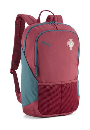 Red and teal backpack with front mesh pockets, Puma logo, and Portugal football team crest, featuring padded shoulder straps and dual zippers.