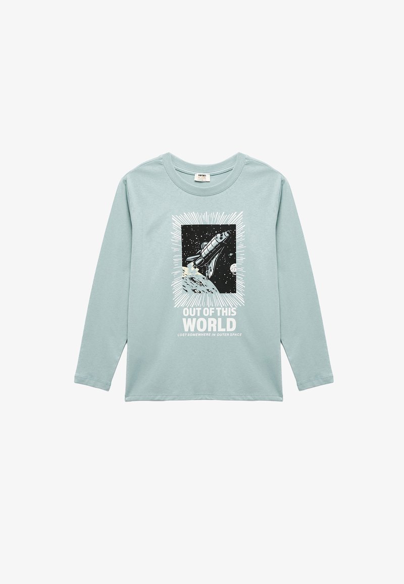 Long-sleeve light blue cotton t-shirt featuring a graphic of a rocket in space with the text "OUT OF THIS WORLD" below.