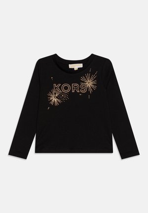 T-shirt noir à manches longues avec col rond, texte "KORS" en pointillés dorés et motif de feux d'artifice à l'avant.