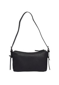 Borsa a tracolla nera in pelle con superficie liscia, chiusura a zip e tracolla regolabile. Presenta un design minimalista e un branding sottile.