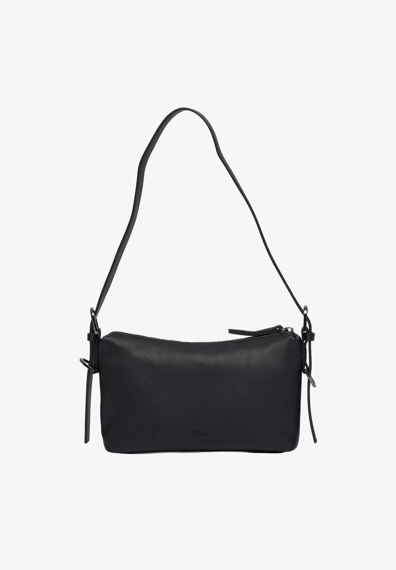 Czarna skórzana torba na ramię o gładkiej fakturze, z zamknięciem na zamek i regulowanym paskiem. Charakteryzuje się minimalystycznym wzornictwem i subtelnym logo.