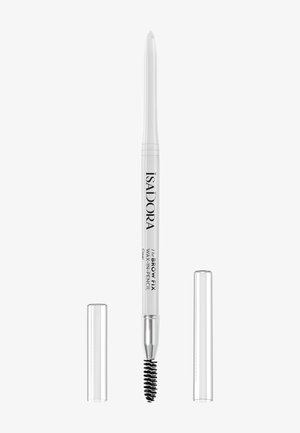 Crayon à sourcils à cire claire avec un corps blanc, des accents argentés et une brosse goupillon noire. Comprend deux capuchons transparents pour la protection.