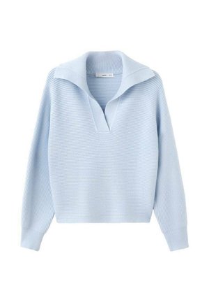 Jersey de punto acanalado azul claro con mangas largas y un cuello ancho abierto.