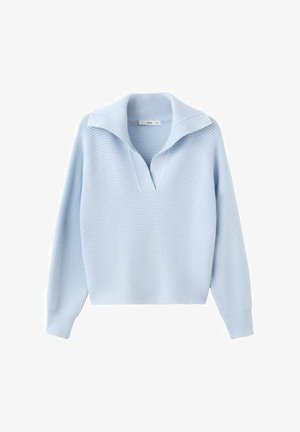 Light blue ribbed knit sweater with long sleeves and a wide open collar.
