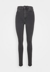 Jeans skinny negros de cintura alta, hechos de denim. Presentan un diseño clásico de cinco bolsillos y una cremallera con cierre de botón.