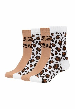 Vier paar sokken tot halverwege de kuit, afwisselend effen lichtbruin en wit met een bruin-zwarte luipaardprint, naast elkaar gelegd.
