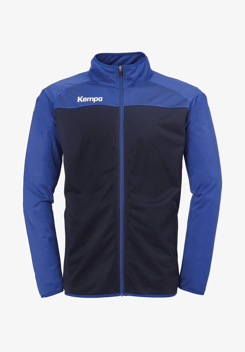 Chaqueta deportiva para hombre en azul y negro con cremallera completa, mangas largas y logo "Kempa" en el pecho superior izquierdo.