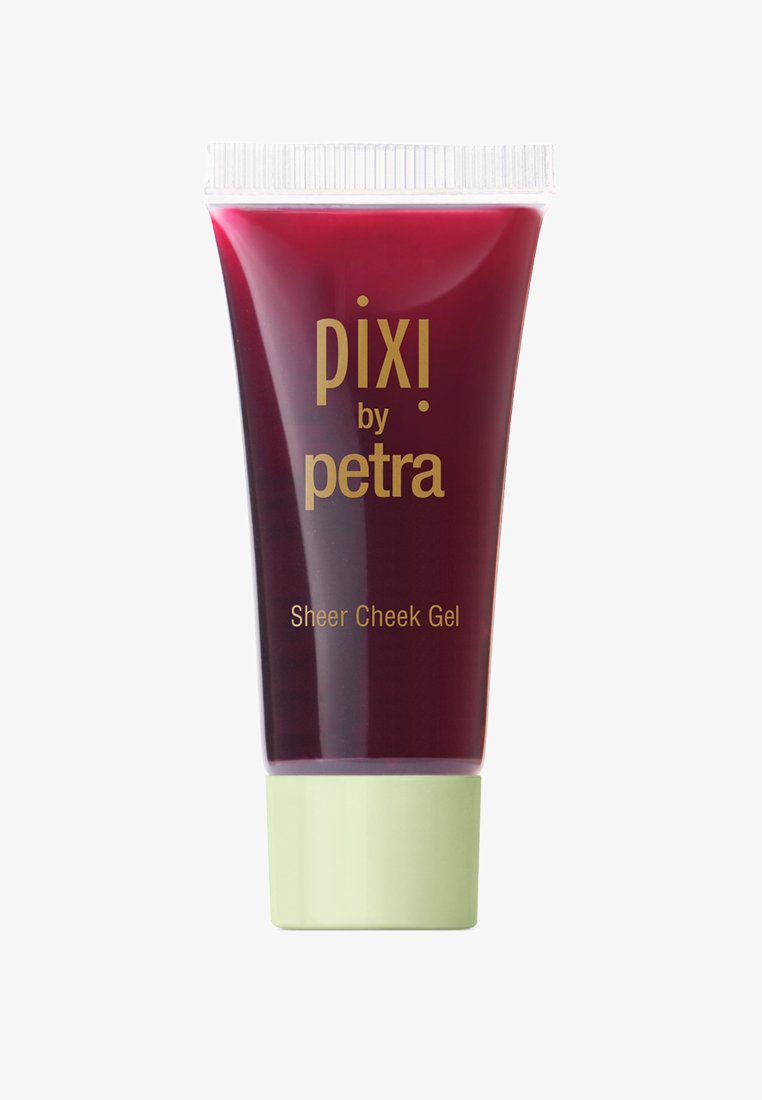 Produit de blush en gel rouge dans un tube transparent avec une base verte. Caractéristiques d'un texte doré. Design compact pour une application facile.