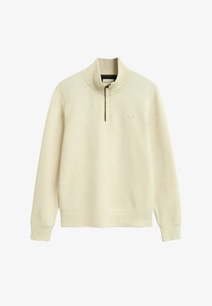 Beige langärmliger Pullover mit einem Halb-Reißverschluss-Kragen und gerippten Bündchen, der dezent geprägtes Branding auf der Brust aufweist.