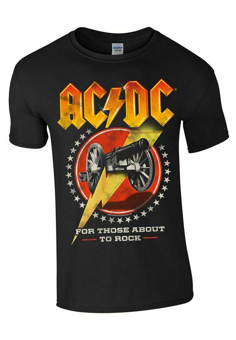 Černé bavlněné tričko s logem AC/DC ve žluté, grafikou kanónu, červeným kruhovým pozadím a bílými hvězdami s textem "PRO TY, KTEŘÍ SE CHYSTAJÍ ROCKOVAT."