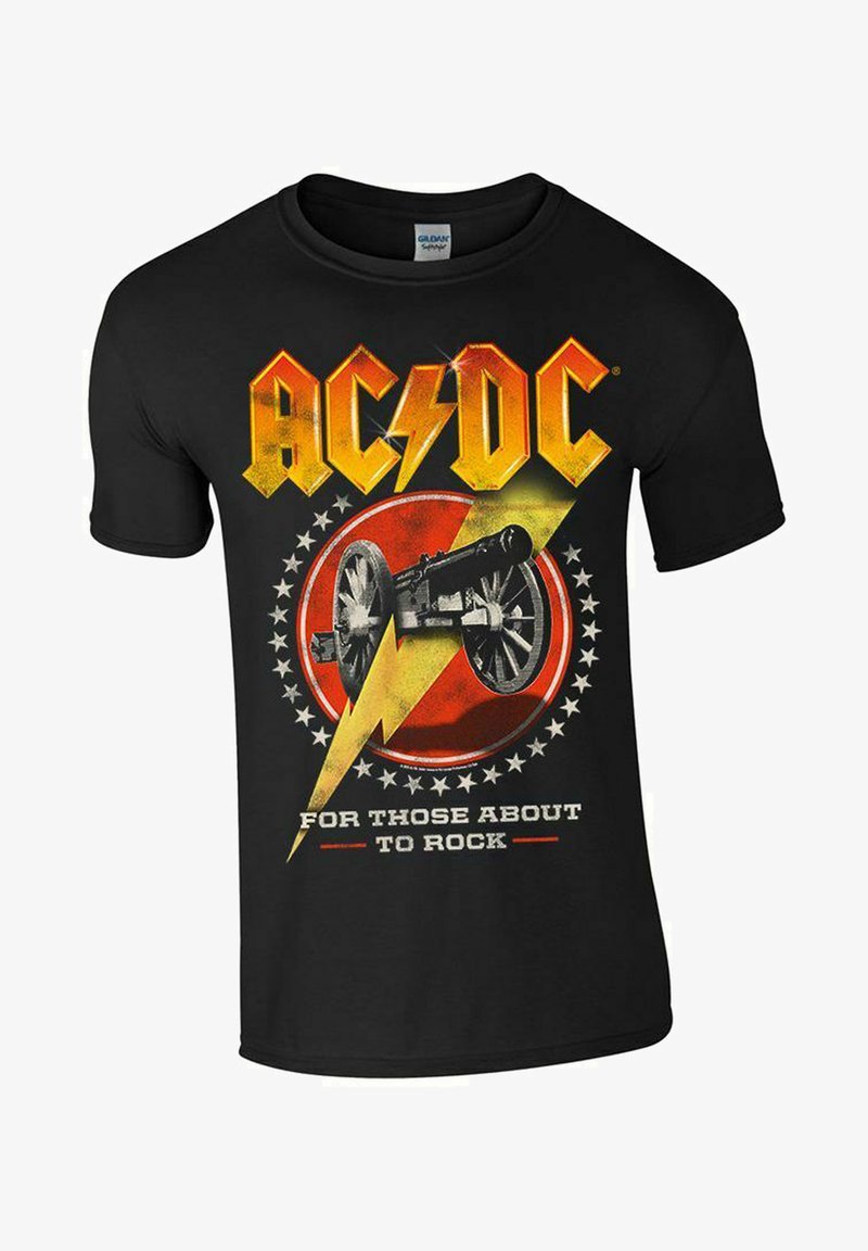 Svart bomull T-skjorte med AC/DC-logo i gult, kanongrafikk, rød sirkelformet bakgrunn og hvite stjerner med teksten "FOR THOSE ABOUT TO ROCK."