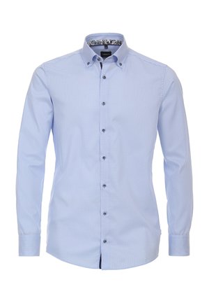 Hellblaues Herrenhemd mit kleinem Karomuster, Button-Down-Kragen und schwarzen Knöpfen vorne sowie an den Manschetten.
