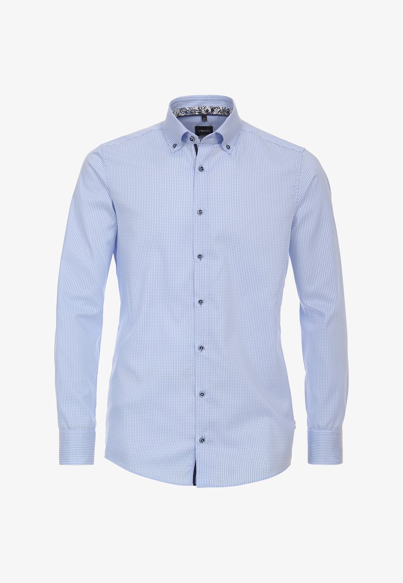 Camicia da uomo azzurro chiaro con piccolo motivo a quadretti, colletto con bottoni e bottoni neri sul davanti e sui polsini.