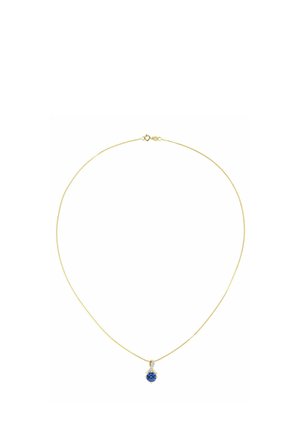 Zelta ķēde ar apaļu zilu dārgakmens kulonu. Aizdare atrodas aizmugurē, un ķēdei ir gluda, smalka tekstūra.