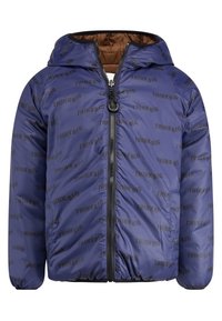Padded jacket w kolorze granatowym z nadrukiem "THINK BIG", z kapturem, zamkiem błyskawicznym z przodu i elastycznymi mankietami. Gładka tekstura z błyszczącym wykończeniem.