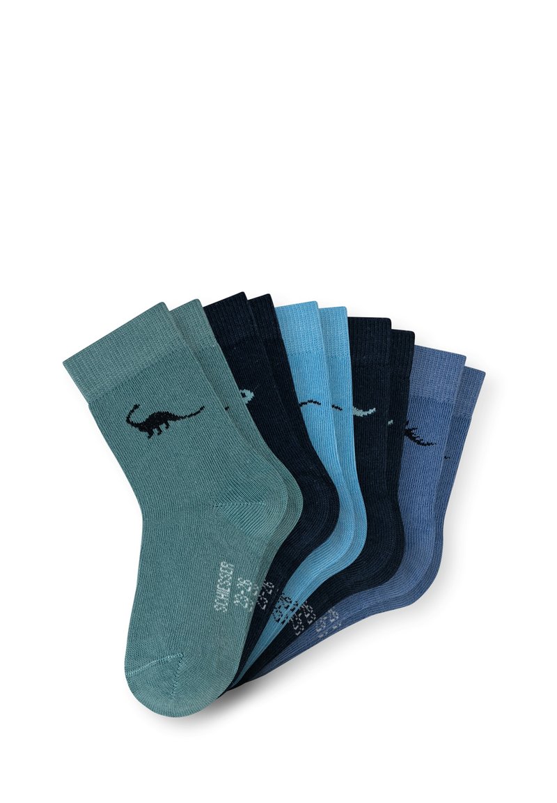 Ein Packung mit sieben gestrickten Socken in verschiedenen Blau- und Grüntönen, die kleine Dinosauriermuster an der Seite aufweisen. Mit gerippten Bündchen und strukturiertem Gewebe.