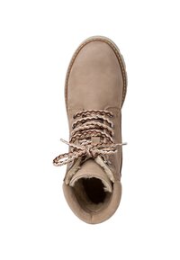 Stivale in suede beige con punta tonda, dotato di lacci a motivo marrone e crema, fodera beige e una robusta suola bianca.