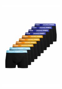 Pakke med sorte boxershorts med elastiske taljebånd i blå, orange og lyseblå, med "JACK & JONES"-logo i hvid.