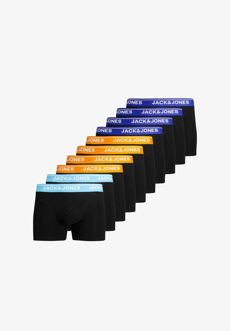 Pakke med sorte boxershorts med elastiske taljebånd i blå, orange og lyseblå, med "JACK & JONES"-logo i hvid.