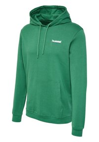 Grön hoodie av mjukt tyg, med en känguruficka, snörning i huvan och en liten vit logotyp på bröstet.