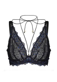 Czarny koronkowy biustonosz braletka z niebieskimi akcentami, trójkątne miseczki, falbaniaste brzegi i regulowane czarne ramiączka; posiada ozdobny detal związania na środku.