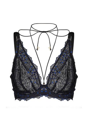 Czarny koronkowy biustonosz braletka z niebieskimi akcentami, trójkątne miseczki, falbaniaste brzegi i regulowane czarne ramiączka; posiada ozdobny detal związania na środku.