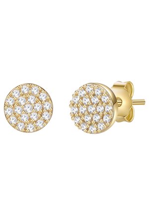 Goldene Steckerohrringe mit rundem Design, verziert mit mehreren klaren Edelsteinen, die in einem Gittermuster angeordnet sind.