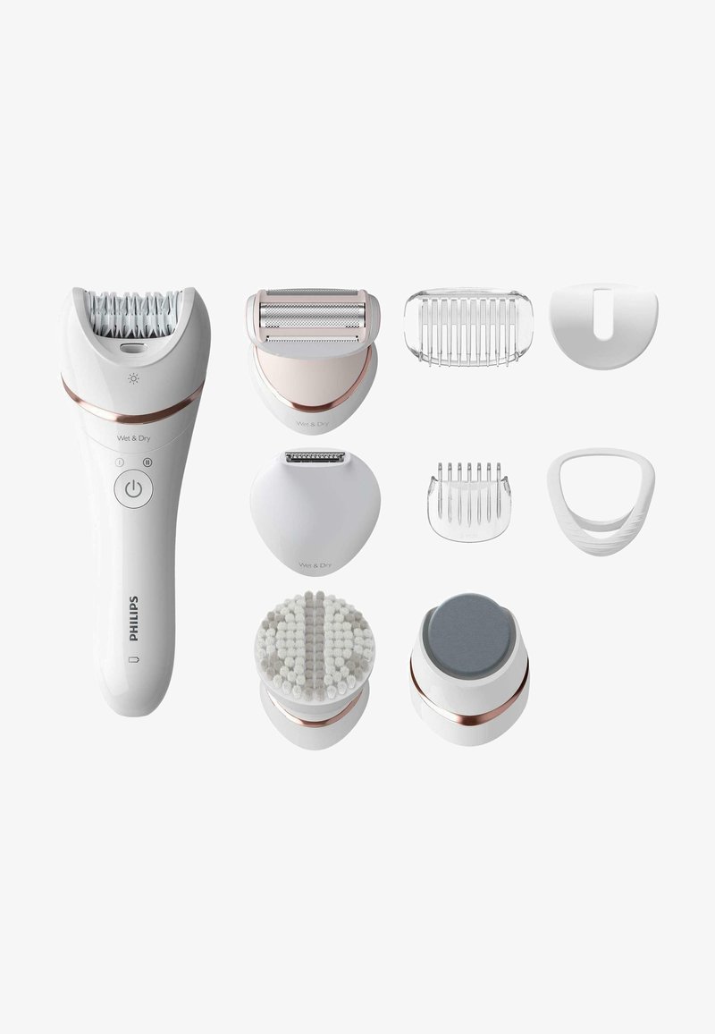 Il set di epilatore Philips include un manico bianco con dettagli in oro rosa, diverse teste intercambiabili e varie texture per la rimozione dei peli e la cura della pelle.