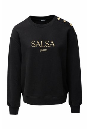 Sudadera negra de algodón, con cuello redondo, puños de canalé y cuatro botones dorados en el hombro. "SALSA jeans" impreso en dorado.