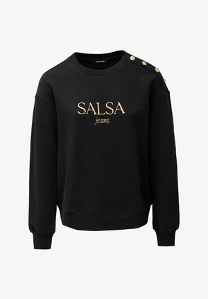 Sudadera negra de algodón, con cuello redondo, puños de canalé y cuatro botones dorados en el hombro. "SALSA jeans" impreso en dorado.