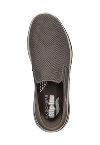 Slip-on shoes with a grey mesh upper, featuring a brown insole with "SKECHERS slip-ins" and a white rubber sole. Lightweight design.