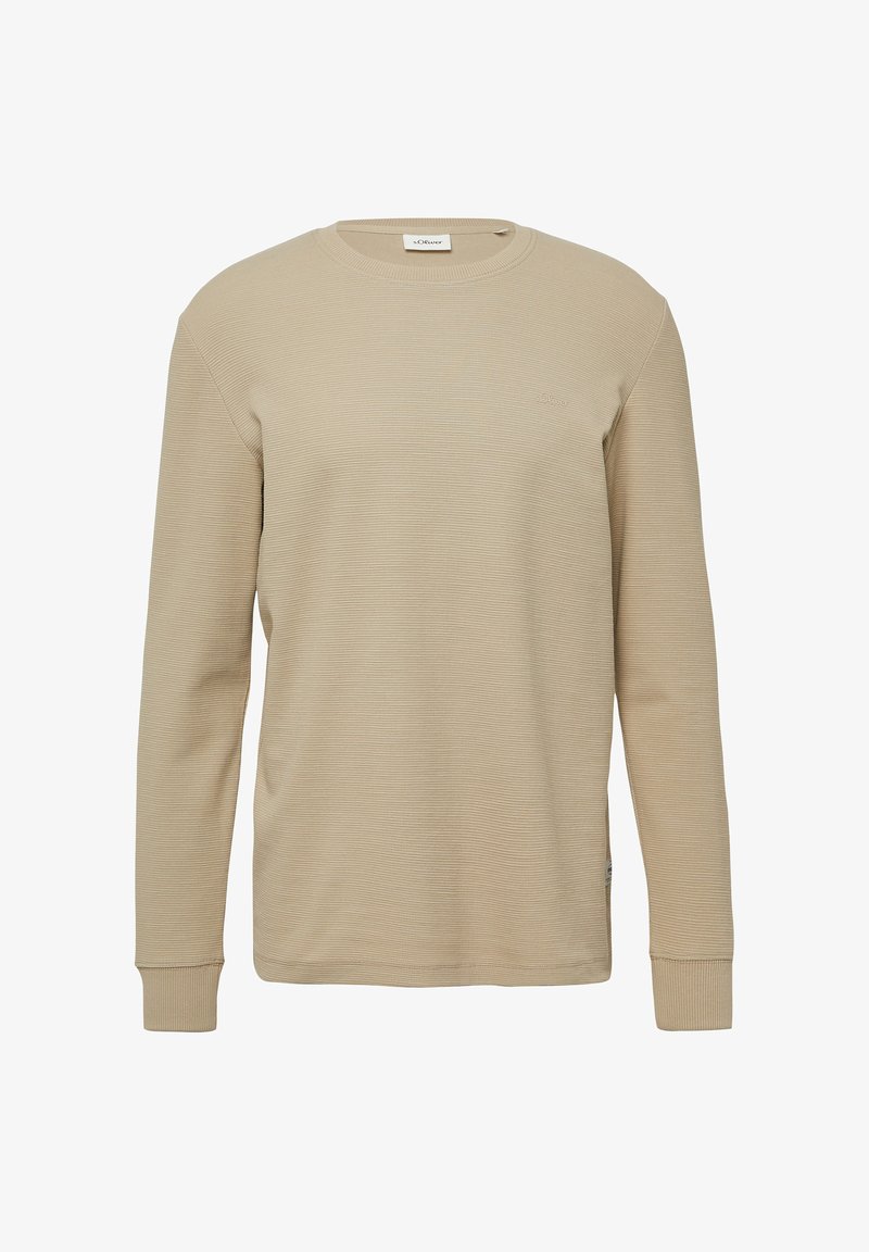 Camicia beige a maniche lunghe con un tessuto testurizzato. Presenta un collo rotondo, polsini a coste e un discreto dettaglio del logo sul petto.