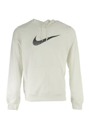 Haut à capuche blanc en coton, avec un logo Nike noir sur la poitrine, une poche avant, une capuche avec cordon de serrage ajustable et des poignets côtelés.