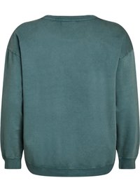 Felpa verde acqua con scollatura rotonda, maniche lunghe e polsini a costine. Tessuto liscio con vestibilità leggermente ampia e senza motivi visibili.