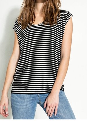 Black and white striped short-sleeve shirt with a rounded neckline, paired with blue denim jeans, showcasing a relaxed fit and soft texture.