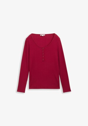 Rotes, geripptes Langarmoberteil mit weitem U-Ausschnitt und sechs Knopfverschluss auf der Vorderseite. Weicher Stoff, enganliegendes Design und keine Muster.