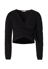Schwarze Wickeloberteil mit langen Ärmeln, das ein Bindeband in der Taille hat. Die Textur wirkt leicht zerknittert, mit einem V-Ausschnitt.