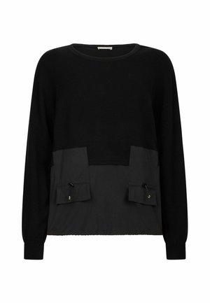 Maglione nero a maniche lunghe. Presenta un corpo testurizzato e due tasche anteriori con chiusure a cordino. Materiale morbido di contrasto.