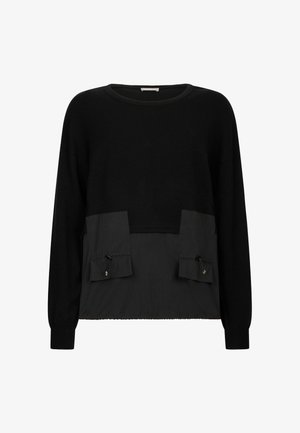 Schwarzer Pullover mit langen Ärmeln. Enthält einen strukturierten Körper und zwei vordere Taschen mit Kordelzugverschluss. Weicher Materialkontrast.