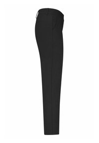 Zwarte broek met een rechte pijpen ontwerp, gemaakt van een gladde stof. Bevat zijzakken en een tailleband met een riemlus.