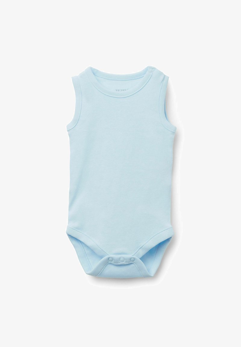 Jasnoniebieski, bezrękawnik dla niemowląt z miękkiej bawełny, z okrągłym dekoltem i zatrzaskami u dołu, umożliwiającymi łatwe ubieranie.