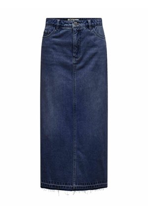 Denim midi skirt with a dark blue wash, front button closure, and a raw hemline. Features pockets and a straight silhouette.