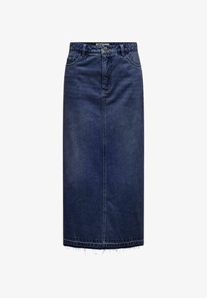 Denim midi skirt with a dark blue wash, front button closure, and a raw hemline. Features pockets and a straight silhouette.