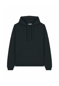 Black hoodie with a front pocket, drawstring hood, ribbed cuffs, and hem. Made of soft material, featuring a minimal design.