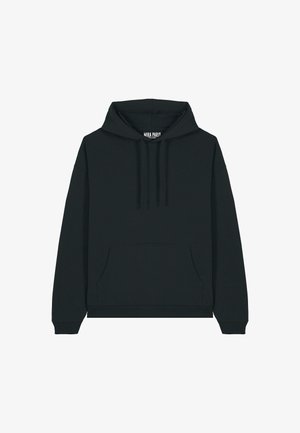 Sudadera negra con un bolsillo frontal tipo canguro, capucha con cordón, puños y dobladillo acanalados, fabricada en un tejido suave, con un diseño minimalista.