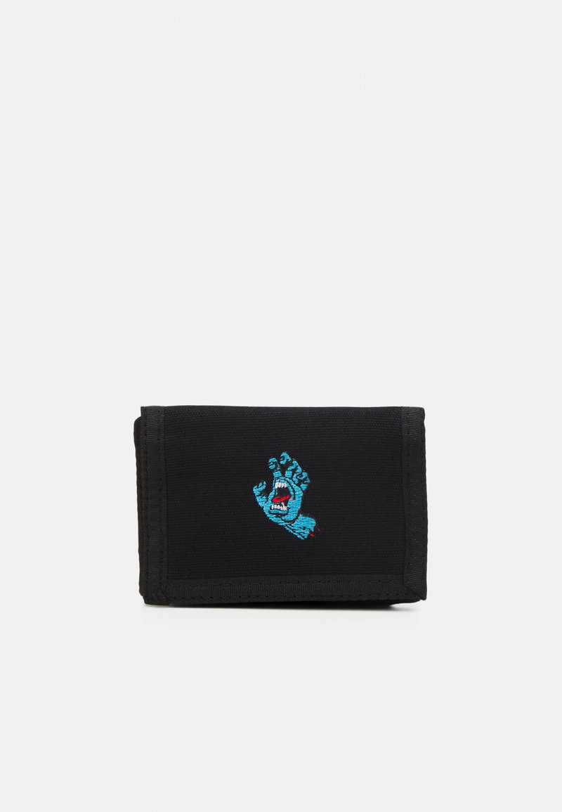 Zwarte portemonnee met een blauw geborduurd handontwerp met een mond. Gemaakt van duurzaam weefsel met een opvouwbare structuur en gestikte randen.